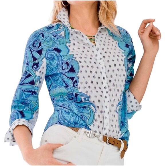 Chico’s No Iron Paisley Mirror Shirt Women’s Size XL 3 Button Front Colorful - Picture 7 of 11